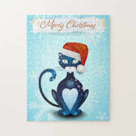 Quebra-cabeça Feliz Natal com Gato Negro com Papai noel Hat