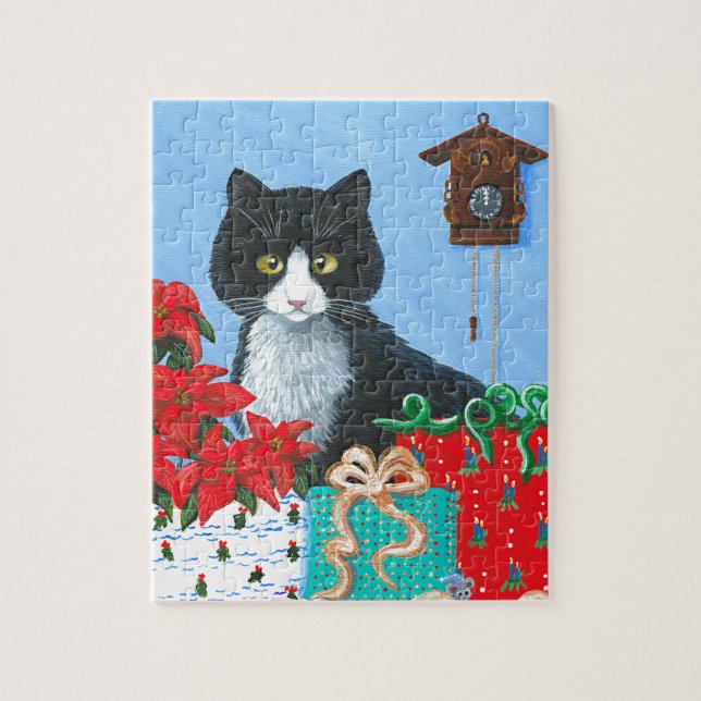 Quebra-cabeça Feliz Natal Gato Negro Tuxedo Cuckoo Clock (Vertical)