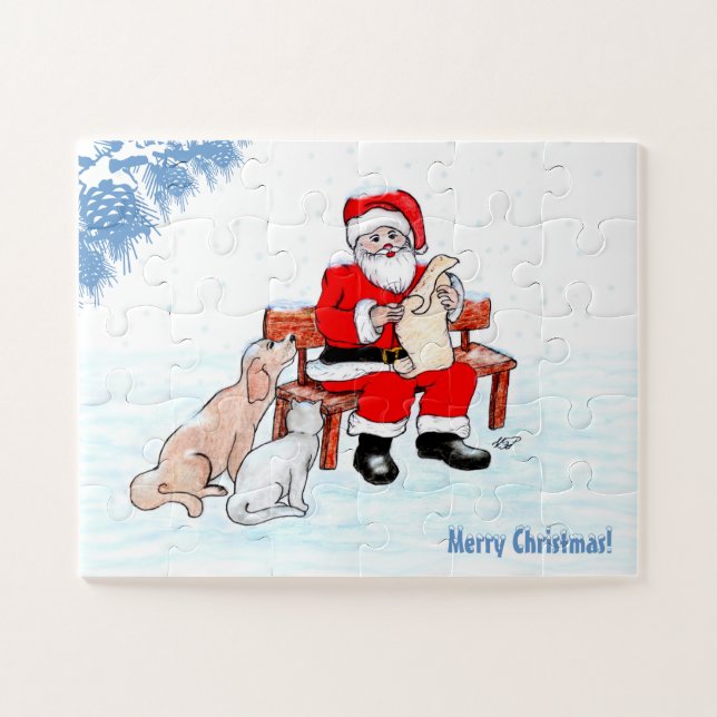 Quebra-cabeça Feliz Natal - Papai Noel com Gato e Cachorro (Horizontal)