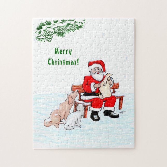 Quebra-cabeça Feliz Natal! Papai Noel com Gato e Cão (Vertical)