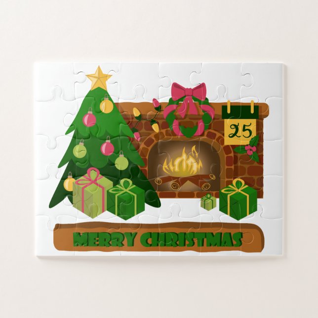 Quebra-cabeça Feliz Natal perto da árvore de Natal de lareira bo (Horizontal)