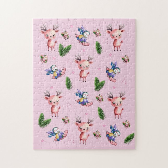 Quebra-cabeça Feliz Natal Rosa Santa Rena Trineo Rompecabezas (Vertical)