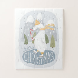 Quebra-cabeça Feliz Natal. Urso polar bonito. Animal engraçado
