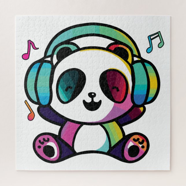 Quebra-cabeça Feliz Panda com fones de ouvido ouvindo música. (Vertical)