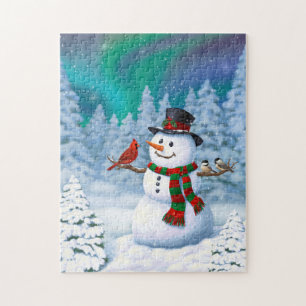 Quebra-cabeça Feliz Snowman e Pássaros de inverno