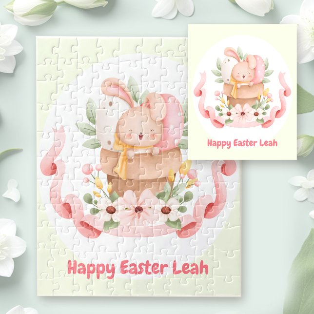 Quebra-cabeça Felz pascoa Coelhinho Personalizado Rapariga (Happy Easter Cute Bunny Personalized Name Girl Jigsaw Puzzle)