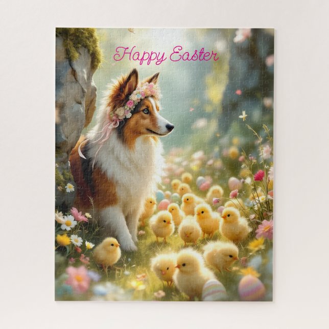 Quebra-cabeça Felz pascoa Collie e Pintinhos (Vertical)