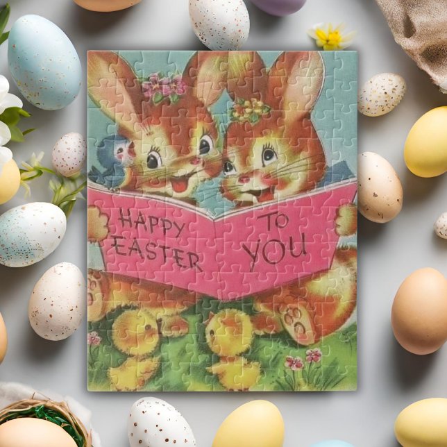 Quebra-cabeça Felzs pascoa e Pintinhos retrorreflectores da Vint (Vintage Retro Happy Easter Bunnies and Chicks Jigsaw Puzzle)