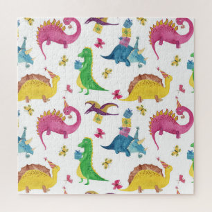 Quebra-cabeça Festa de dinossauro: padrão de aquarela.