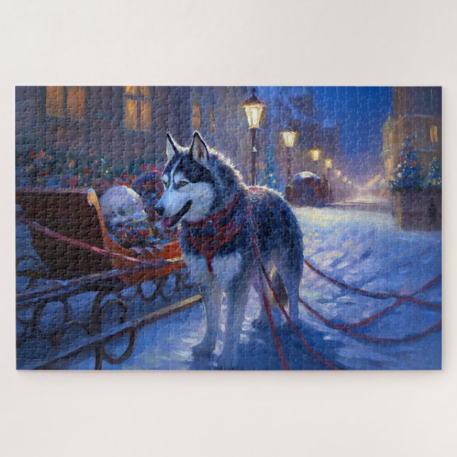 Quebra-cabeça Festa de Natal do Husky Siberiano (Horizontal)