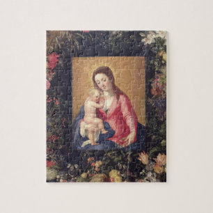 Quebra-cabeça Festão da fruta e das flores com Virgin e crianç