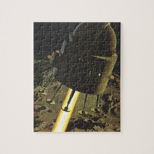 Quebra-cabeça Ficção científica retrô, foguete pousando na lua (Vertical)