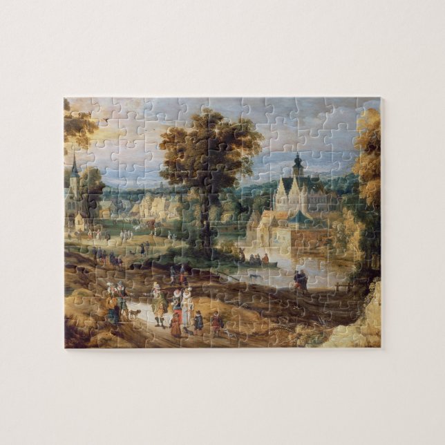 Quebra-cabeça Figuras em uma paisagem com o bey da vila e do (Horizontal)