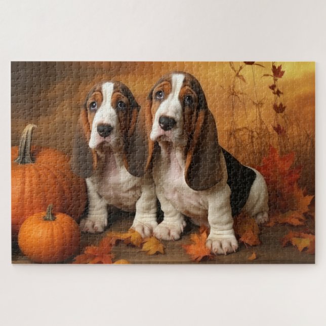 Quebra-cabeça Filhote de Basset Hound Delícia de Outono Abóbora  (Horizontal)