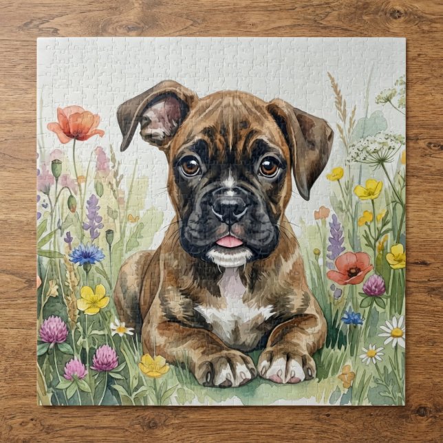 Quebra-cabeça Filhote de Boxer com Flores em Aquarela (Criador carregado)