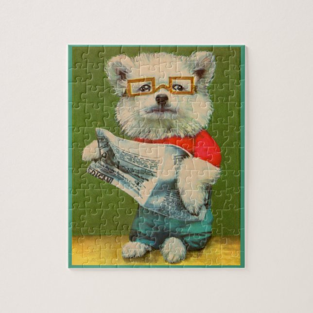 Quebra-cabeça filhote de cachorro que lê o jornal (Vertical)