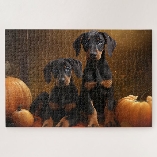 Quebra-cabeça Filhote de Doberman Delícia de Outono Abóbora  (Horizontal)