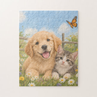 Quebra-cabeça Filhote de Retriever Dourado e Gatinho Malhado 