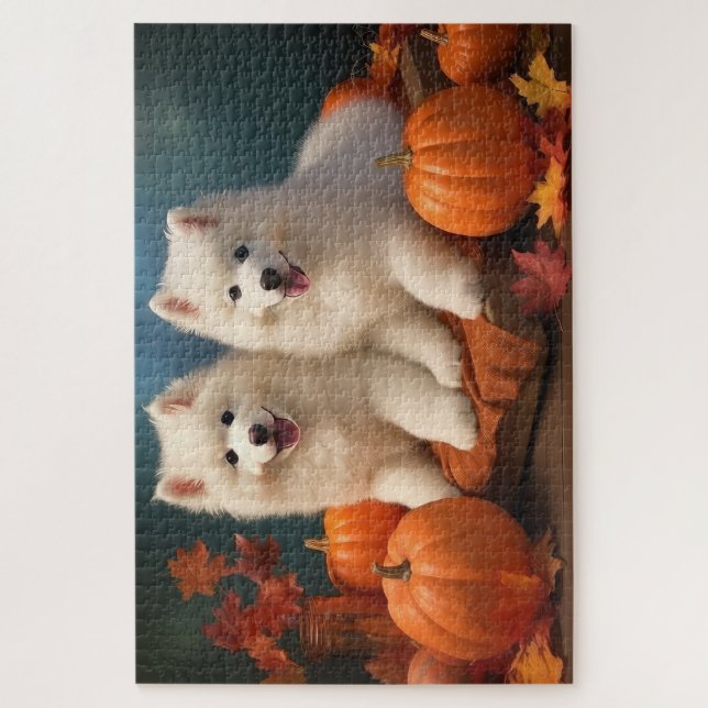 Quebra-cabeça Filhote de Samoyed Delícia de Outono Abóbora  (Vertical)