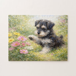 Quebra-cabeça Filhote de Schnauzer Flores da Primavera