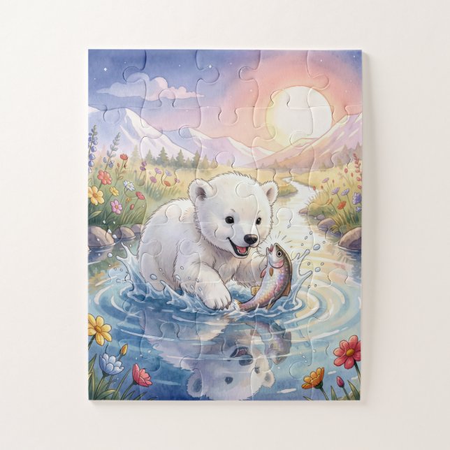 Quebra-cabeça Filhote de Urso Polar Brincando com um Peixe (Vertical)