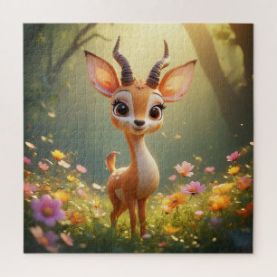 Quebra-cabeça Filhote de Veado de Desenho Adorável entre Flores 