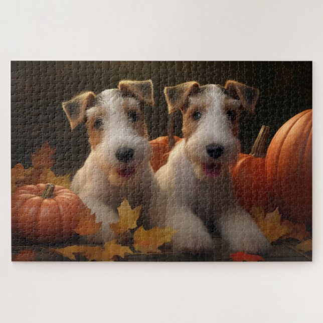 Quebra-cabeça Filhote de Wire Fox Terrier Delícia de Outono Abób (Horizontal)