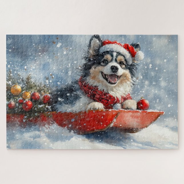 Quebra-cabeça Finnish Lapphund no Trenó Deixe Nevar Natal (Horizontal)