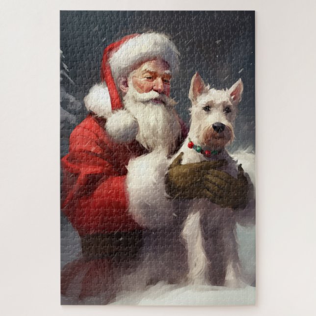Quebra-cabeça Fio Fox Terrier Santa Claus Natal Festivo (Vertical)
