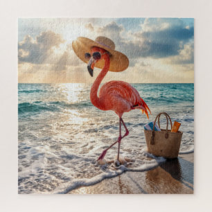 Quebra-cabeça Flamingo Chic com Chapéu de Sol e Óculos de Sol