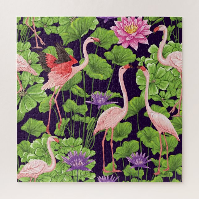 Quebra-cabeça Flamingo, plantas tropicais, fundo negro. (Vertical)