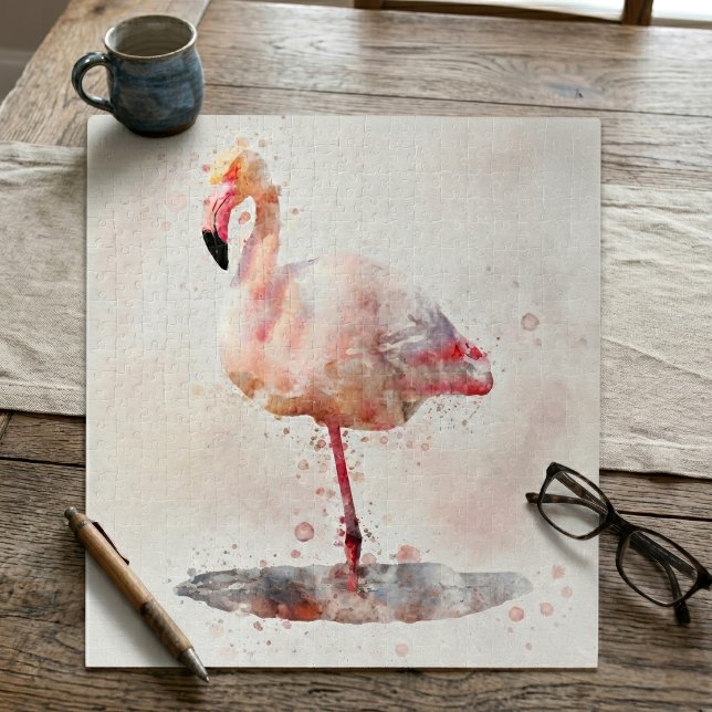 Quebra-cabeça Flamingo Rosa Elegante em Aquarela (Elegant Pink Flamingo standing in Watercolor. Jigsaw Puzzle)