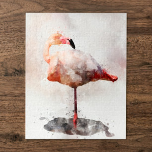 Quebra-cabeça Flamingo Rosa em Pé em Impressão de Arte em Aquare