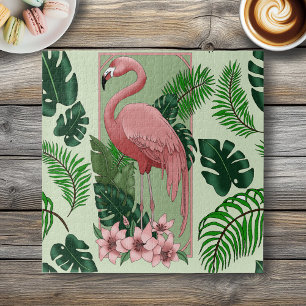 Quebra-cabeça Flamingo Rosa Tropical Folhas de Palmeira Verde Lí