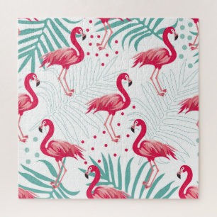 Quebra-cabeça Flamingo tropical e folhas, padrão de verão.