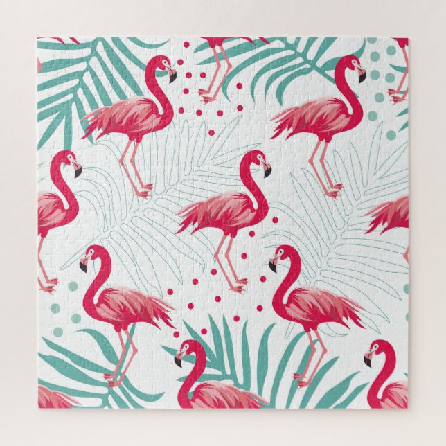 Quebra-cabeça Flamingo tropical e folhas, padrão de verão. (Vertical)