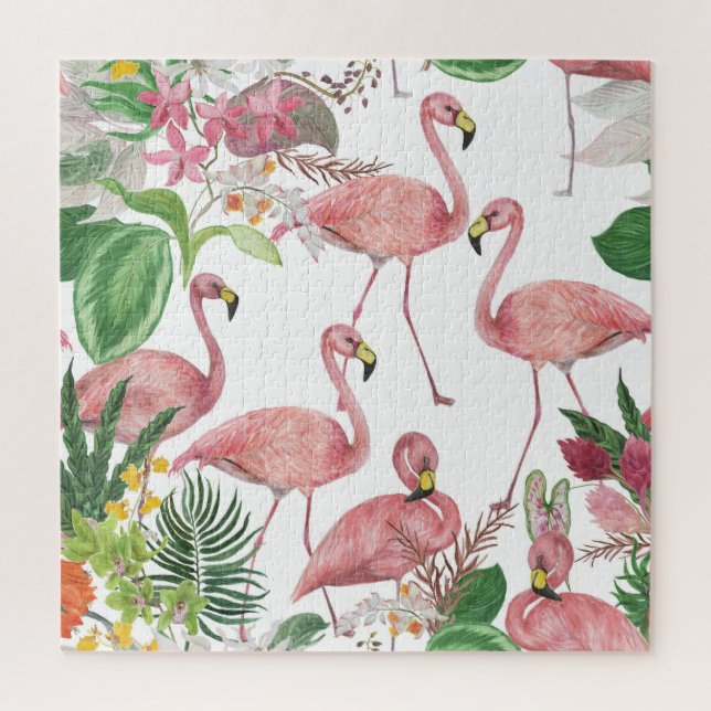 Quebra-cabeça Flamingo Tropical Leaves Watercolor Patterno (Vertical)