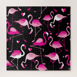 Quebra-cabeça flamingos cor-de-rosa, padrão sem costura escuro.