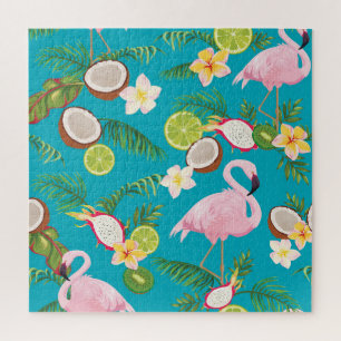 Quebra-cabeça Flamingos cor-de-rosa: padrão tropical sem costura