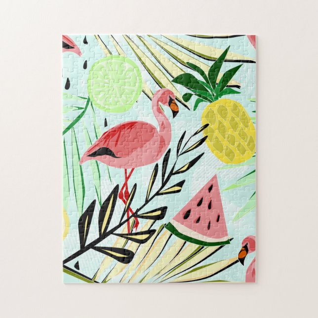 Quebra-cabeça flamingos e frutas cor-de-rosa. (Vertical)