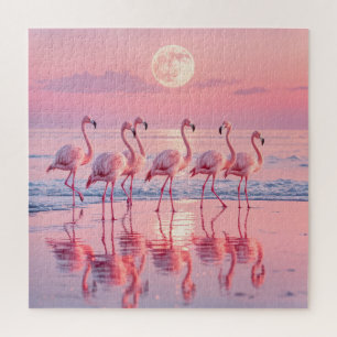 Quebra-cabeça Flamingos em uma praia rosa