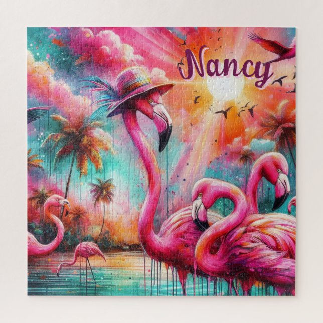 Quebra-cabeça Flamingos Palmeiras Rosa Tropicais Personalizadas (Vertical)