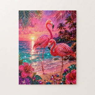 Quebra-cabeça Flamingos Rosa em Praia Tropical com Tons de Joias