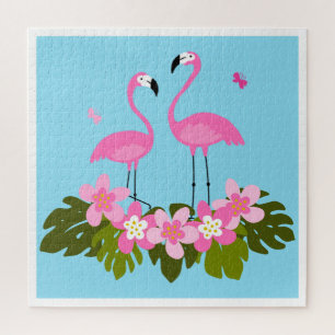 Quebra-cabeça Flamingos Tropicais e Ilustração Floral