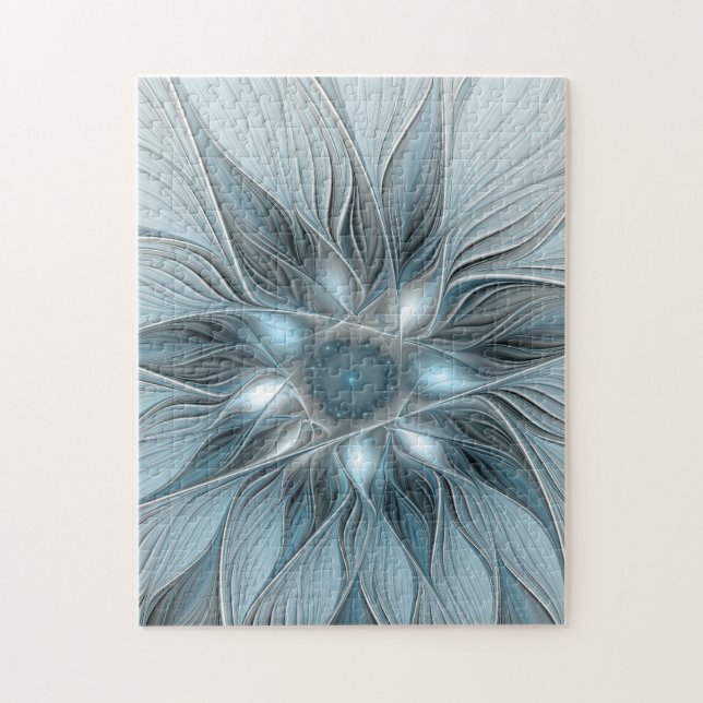 Quebra-cabeça Flor Abstrata Alegre Azul Cinza Fractal Floral (Vertical)