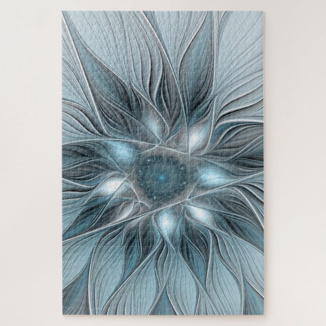 Quebra-cabeça Flor Abstrata Alegre Azul Cinza Fractal Floral (Vertical)