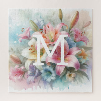 Quebra-cabeça Flor-aquarela monograma rosa lírios