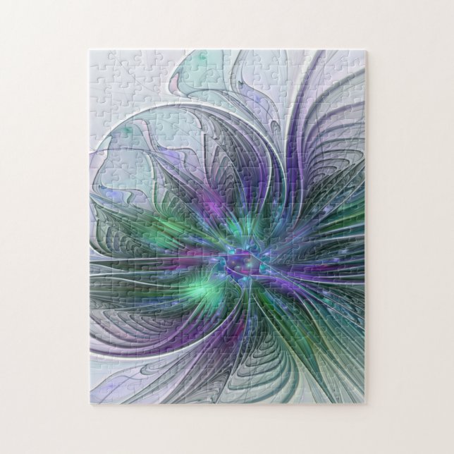 Quebra-cabeça Flor de Arte Abstrato Moderno Fractal Verde Roxo (Vertical)