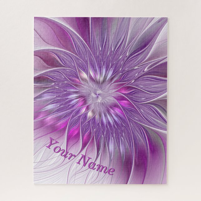 Quebra-cabeça Flor de Paixão Fractal Abstrata Rosa Roxo Nome (Vertical)