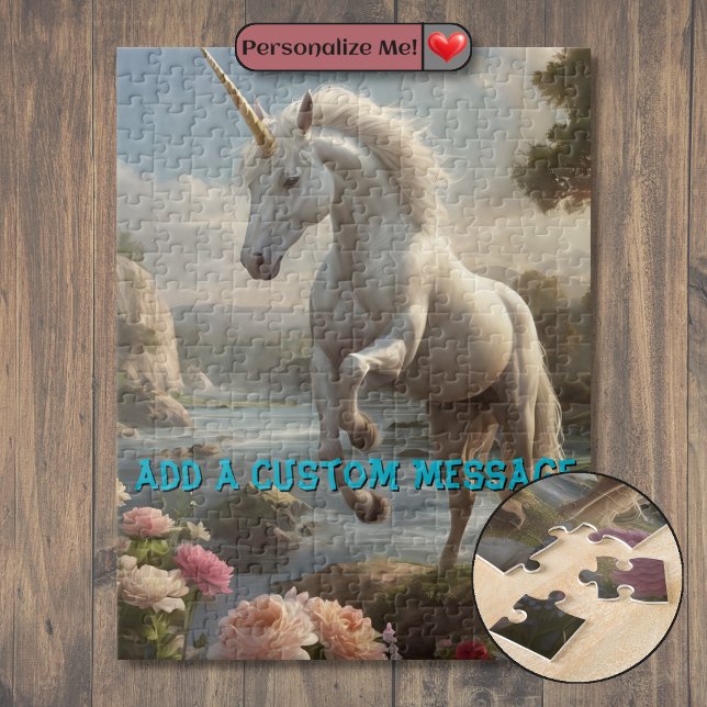 Quebra-cabeça Flor de Unicórnio Branco Personalizado (Personalized White Unicorn Flower Stream Jigsaw Puzzle)
